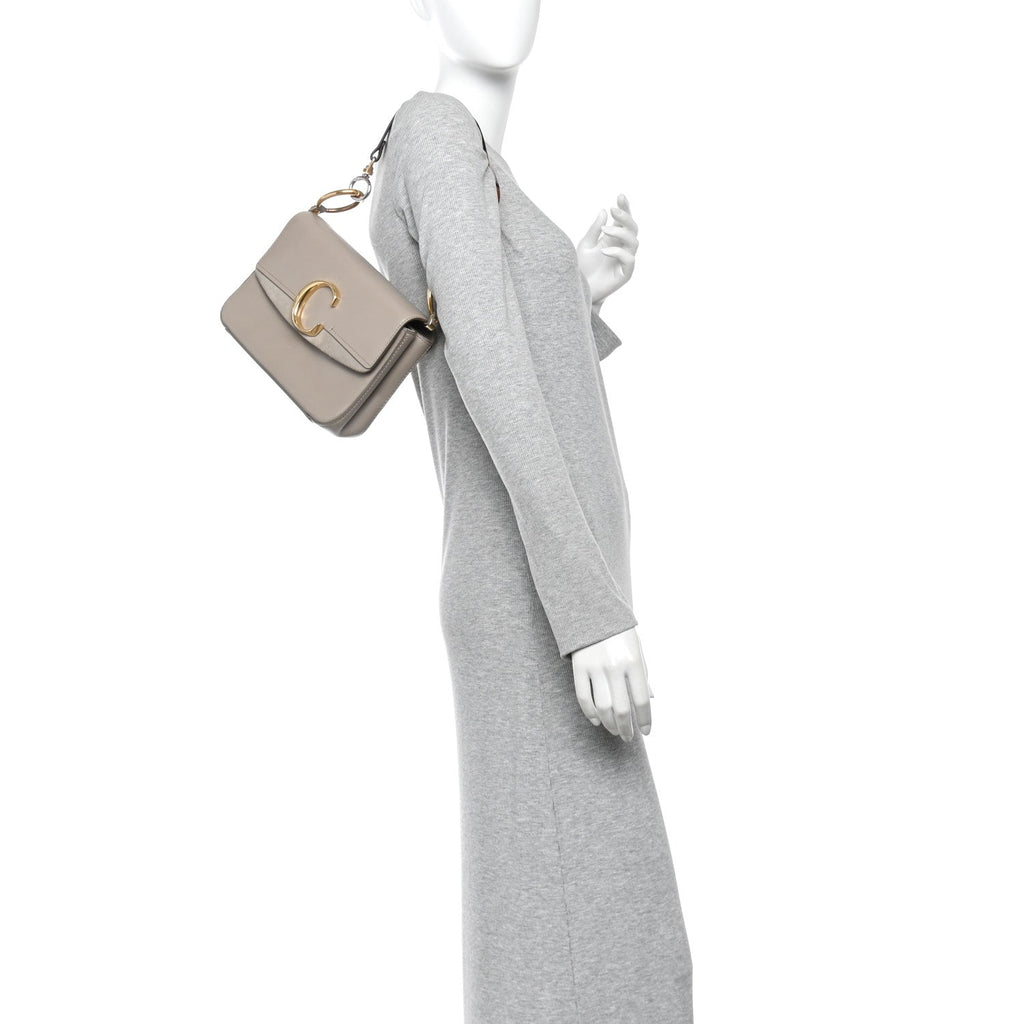 Shiny Calfskin Suede Small C Double Carry Bag Motty Grey