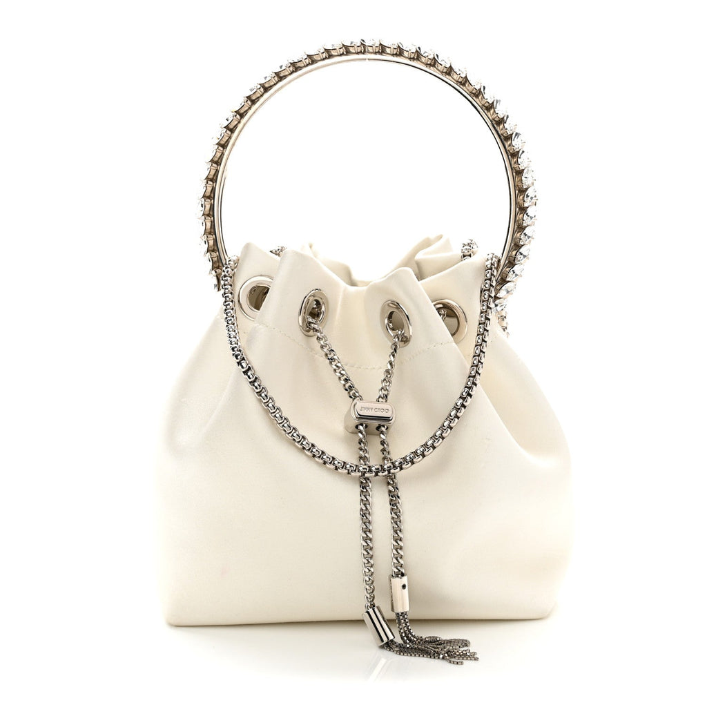 Satin Crystal Embellished Bon Bon Bucket Bag White