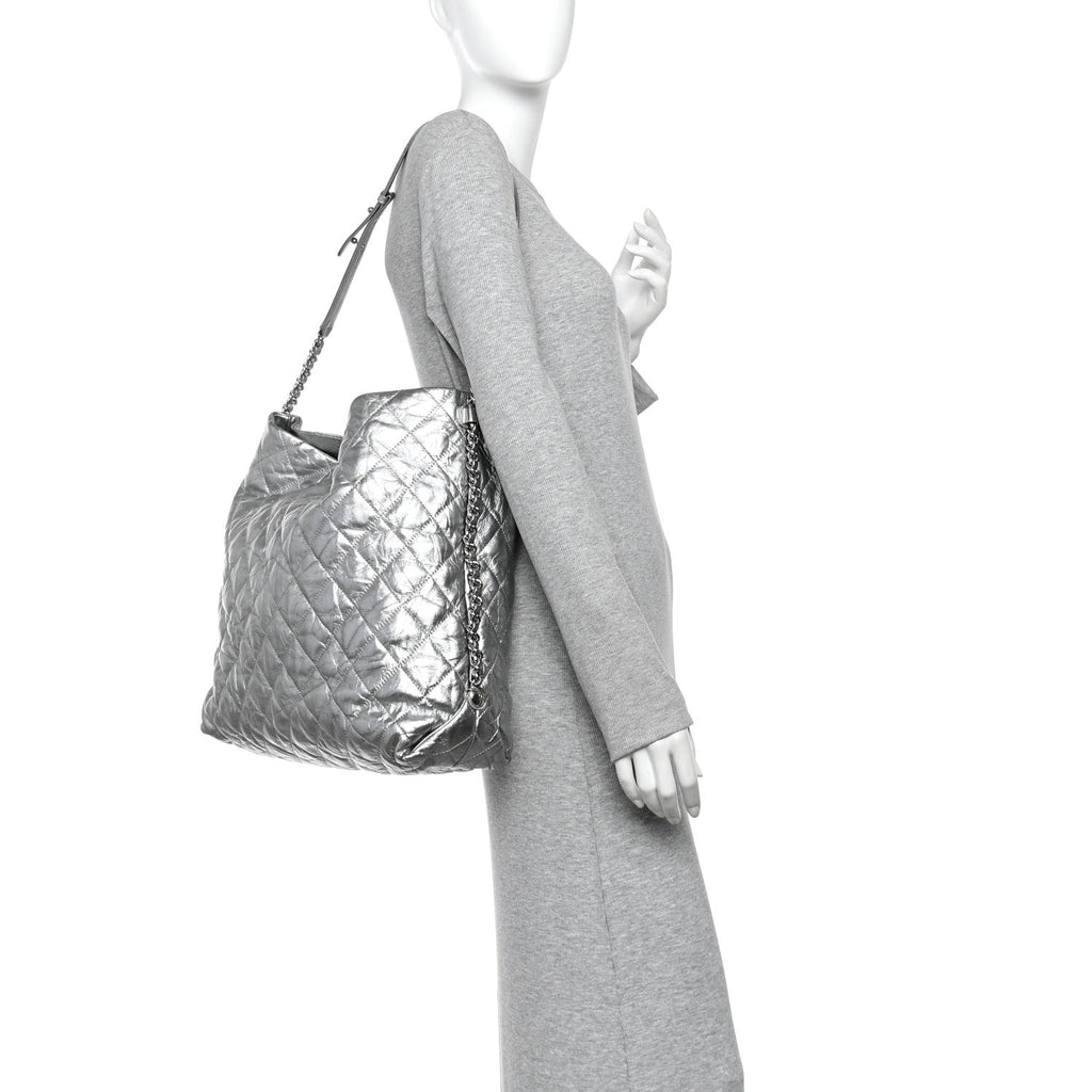 Metallic Crackled Calfskin Quilted Large Big Bang Hobo Silver