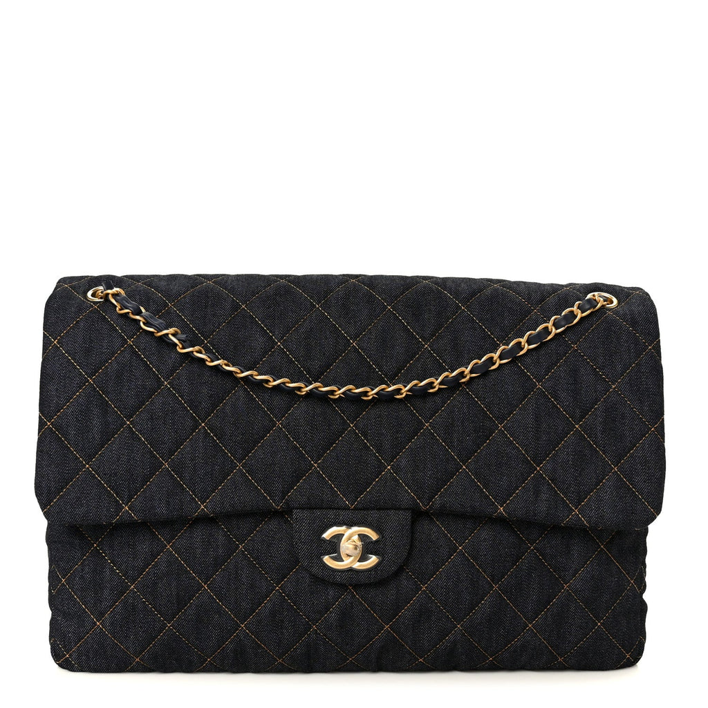 Denim Quilted XXL Travel Flap Bag Dark Blue Orange