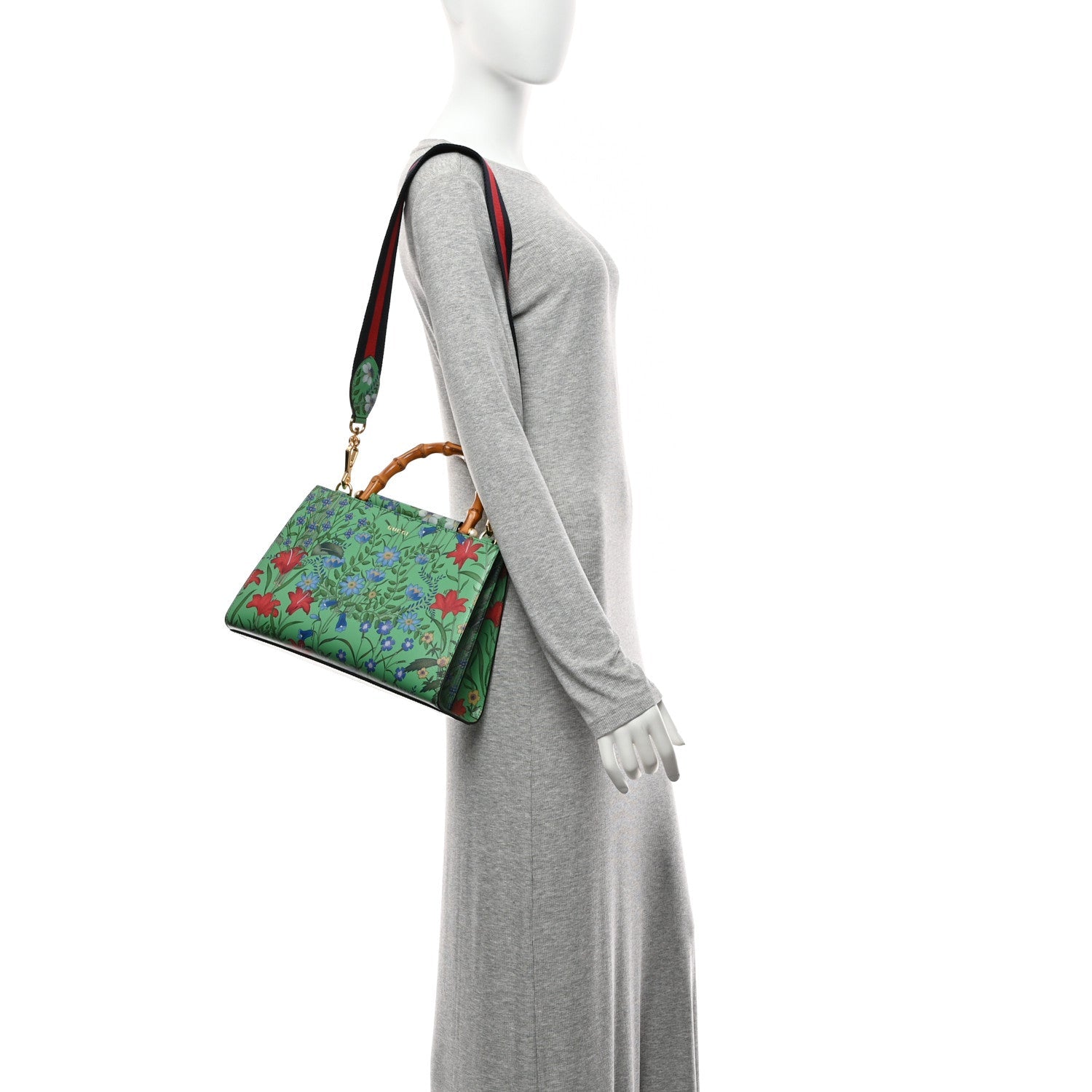 Calfskin Bamboo Web New Flora Small Nymphaea Top Handle Bag Green