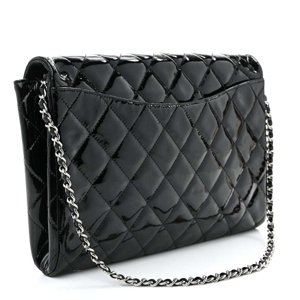 Patent Quilted Clutch with Chain Flap Black
