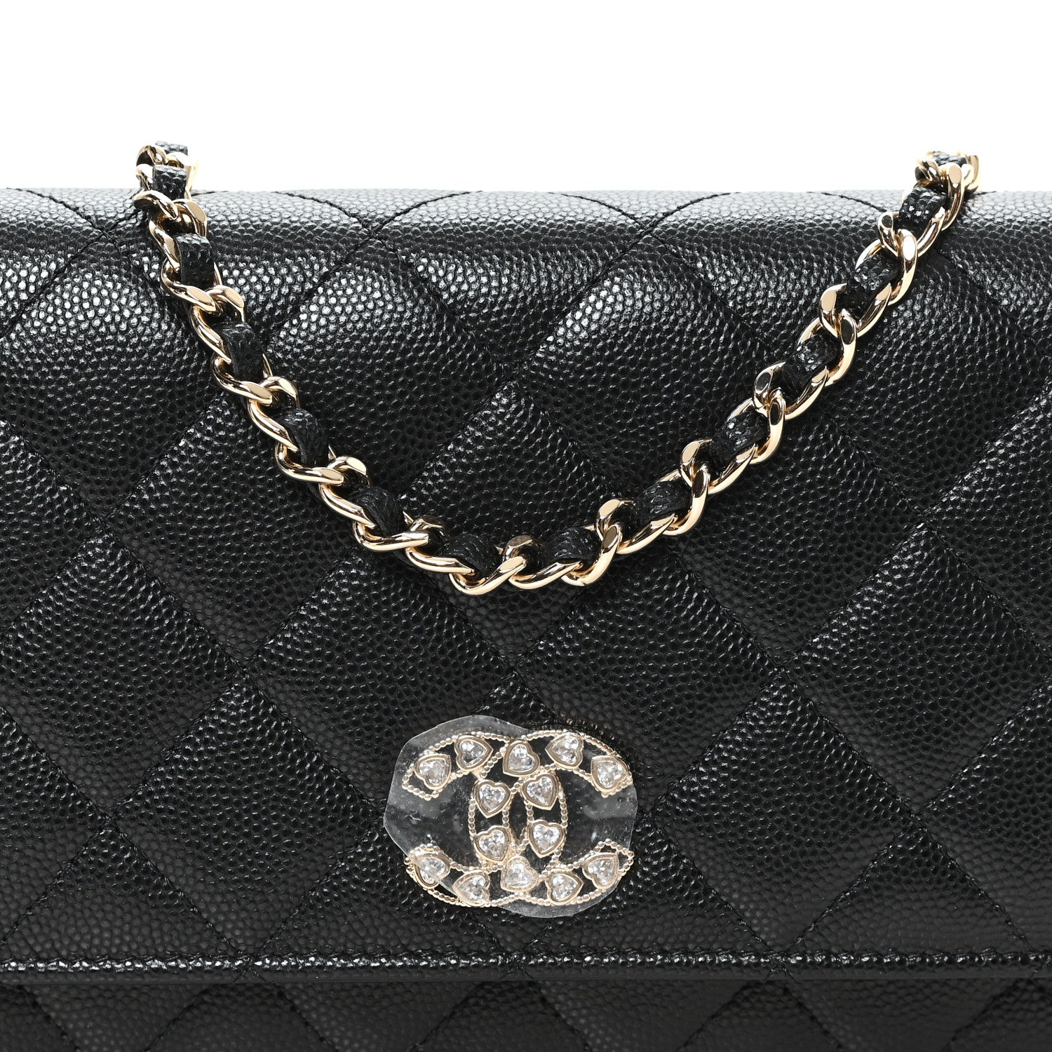 Caviar Quilted Crystal Heart CC Wallet On Chain WOC Black