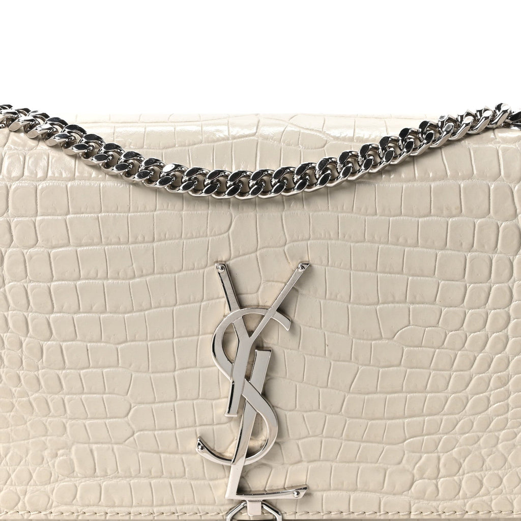 Calfskin Crocodile Embossed Small Classic Monogram Kate Tassel Satchel Blanc Vintage