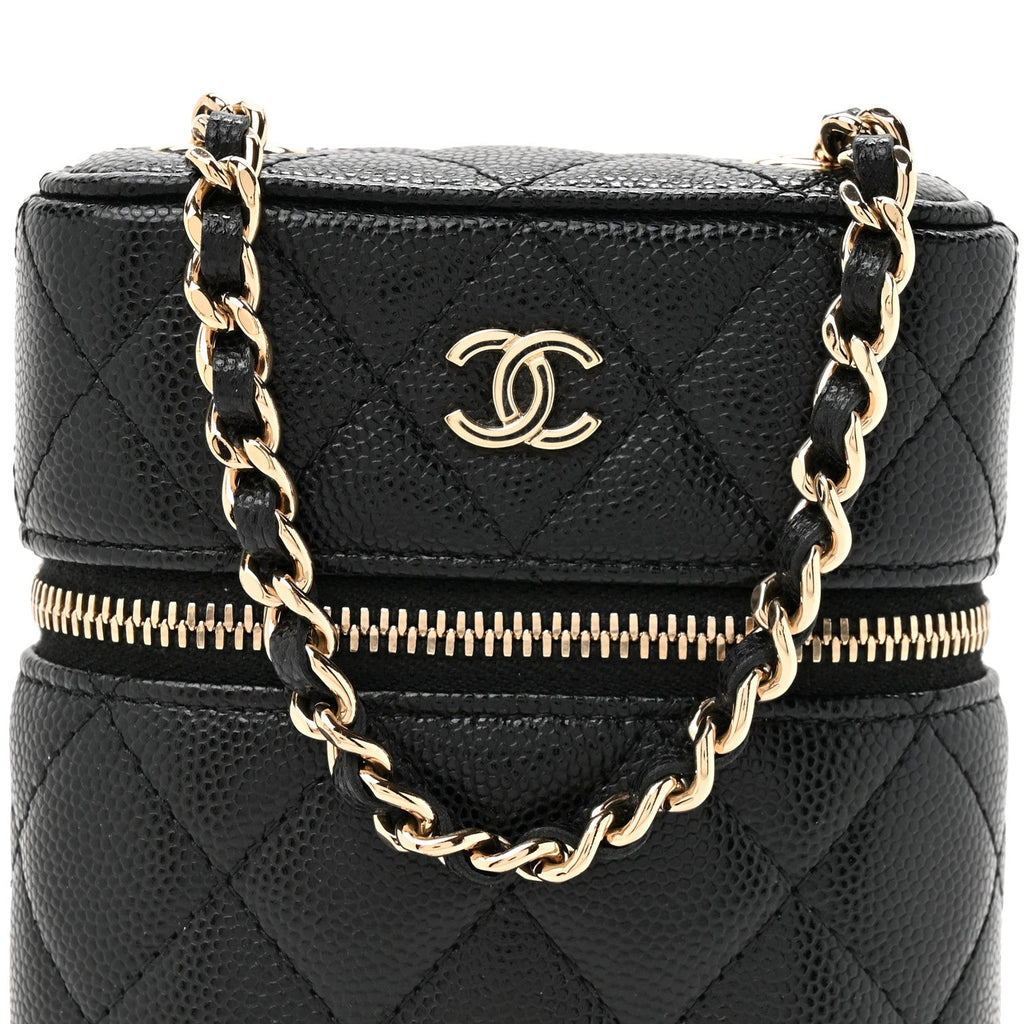 Caviar Quilted Phone Holder With Chain Black