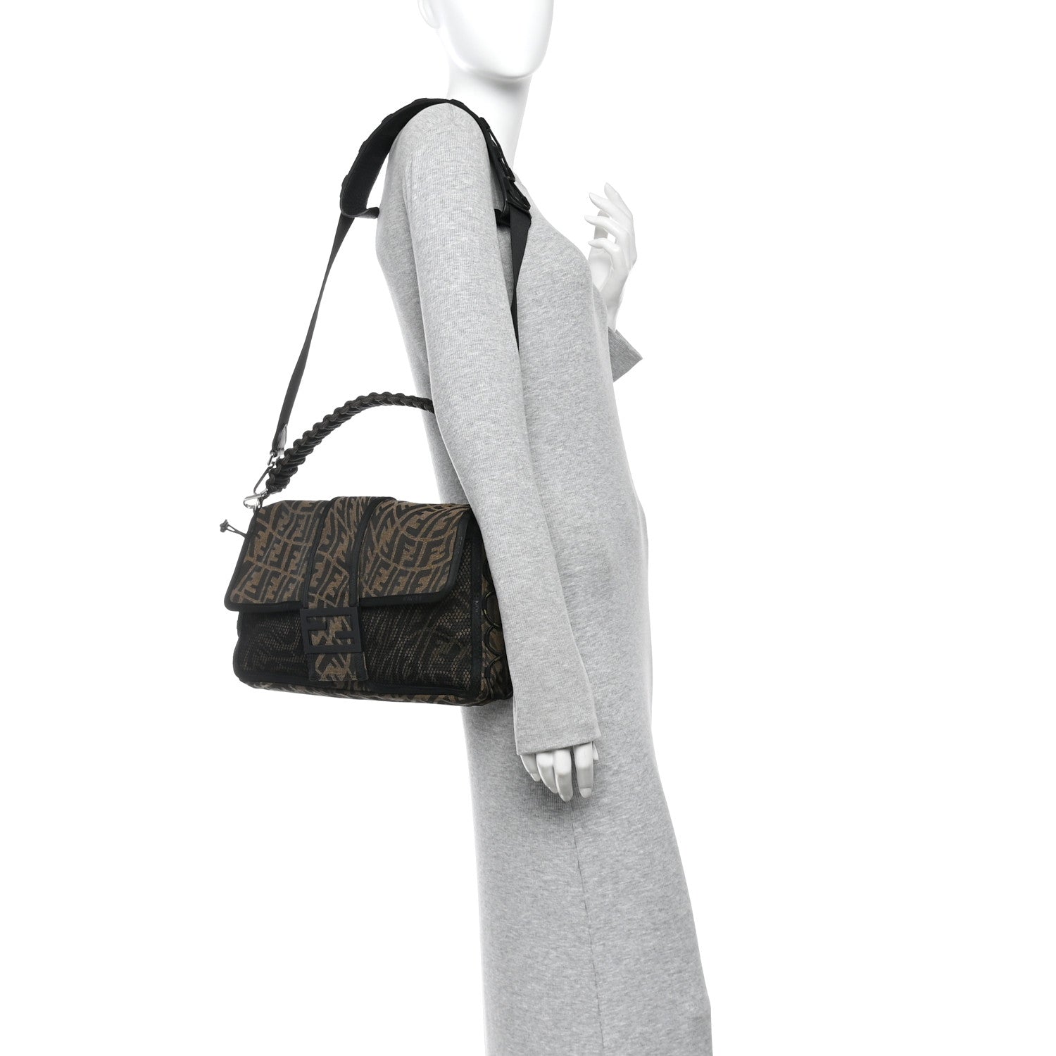 X SARAH COLEMAN Fabric Jacquard Vitello Grace FF Vertigo Woven Lanyard Large Baguette Tobacco Moro Black