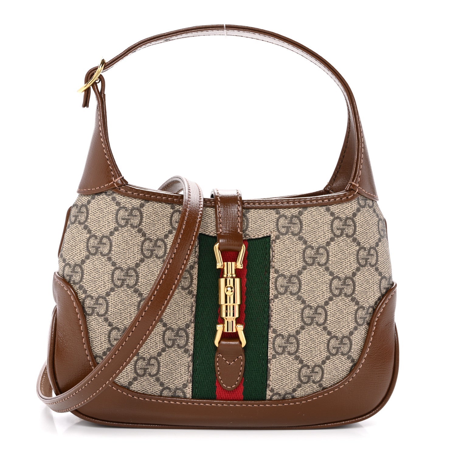 GG Supreme Monogram Azalea Calfskin Web Mini Jackie 1961 Hobo Beige Ebony Brown Sugar