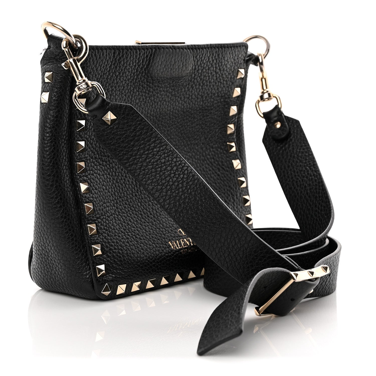 Pebbled Calfskin Mini Rockstud Flip-Lock Messenger Bag Black