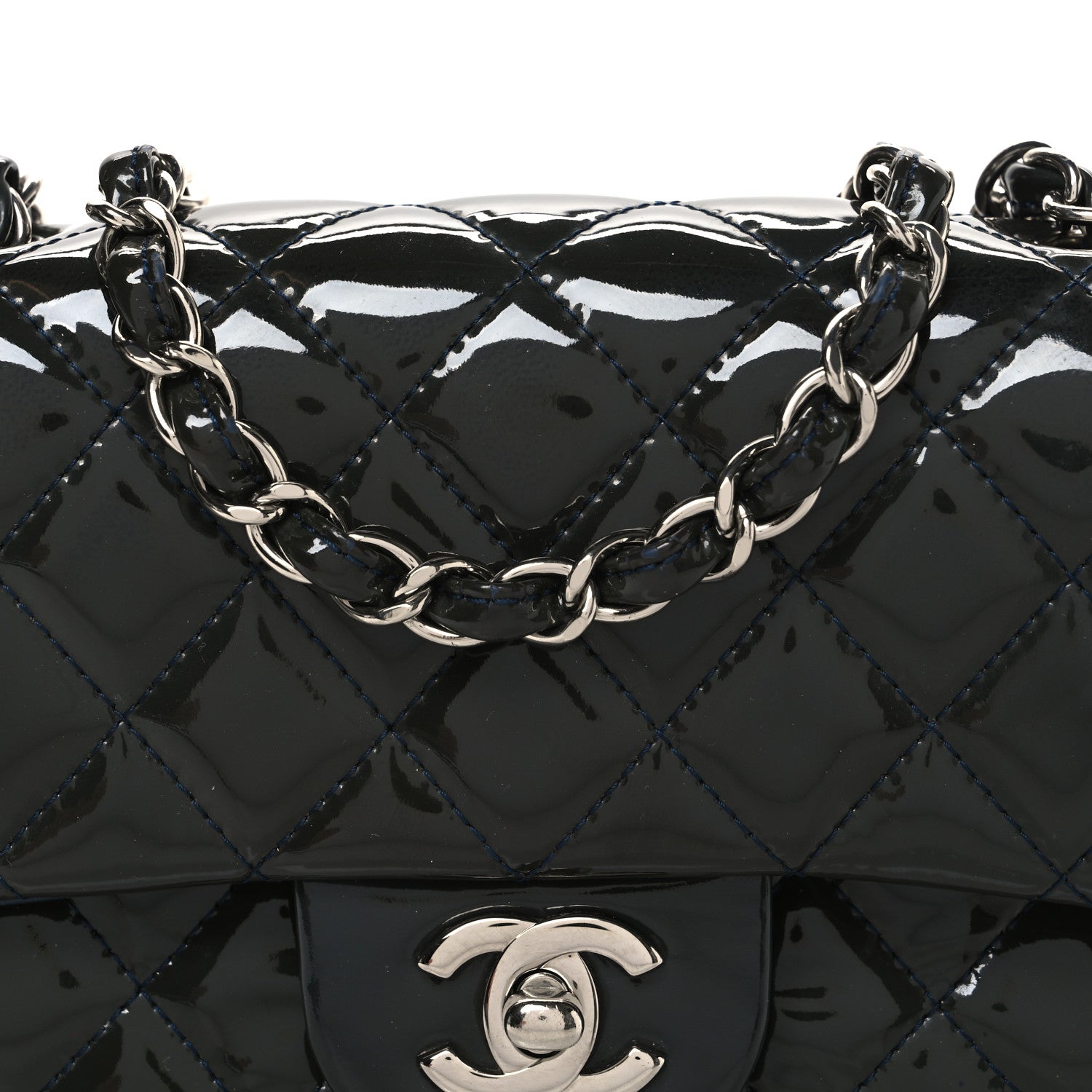Patent Calfskin Quilted Mini Rectangular Flap Navy Blue