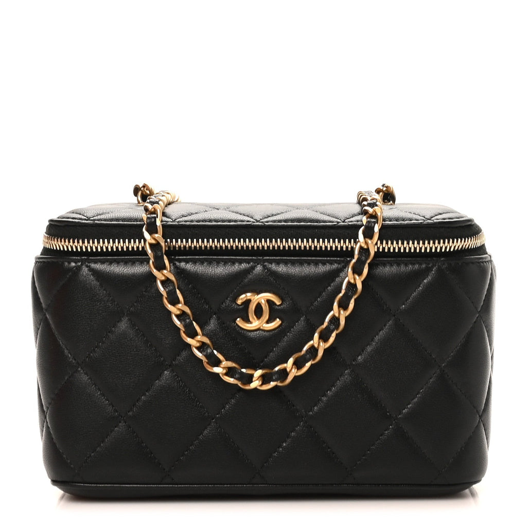 Lambskin Quilted Pearl Crush Small Vanity Case With Chain Black