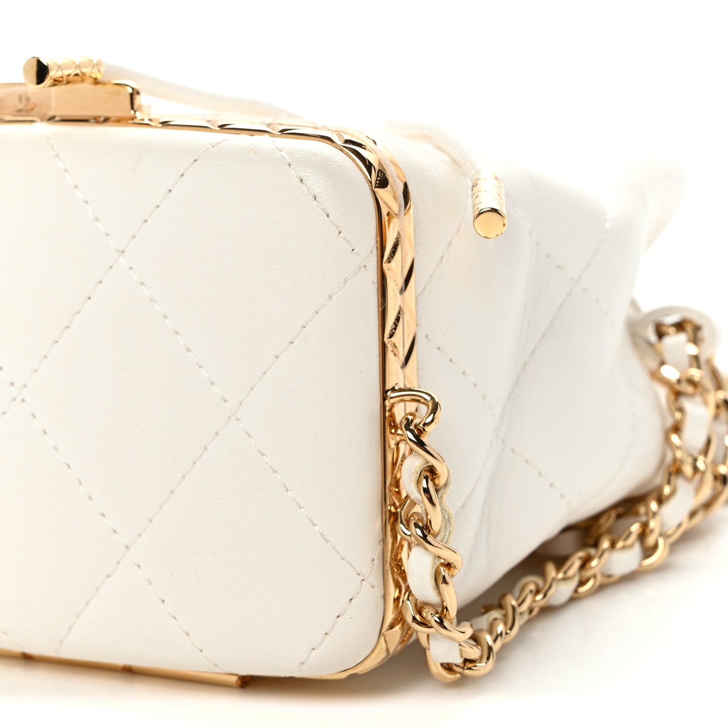 Metal Lambskin Quilted Small Chain Bucket Bag White