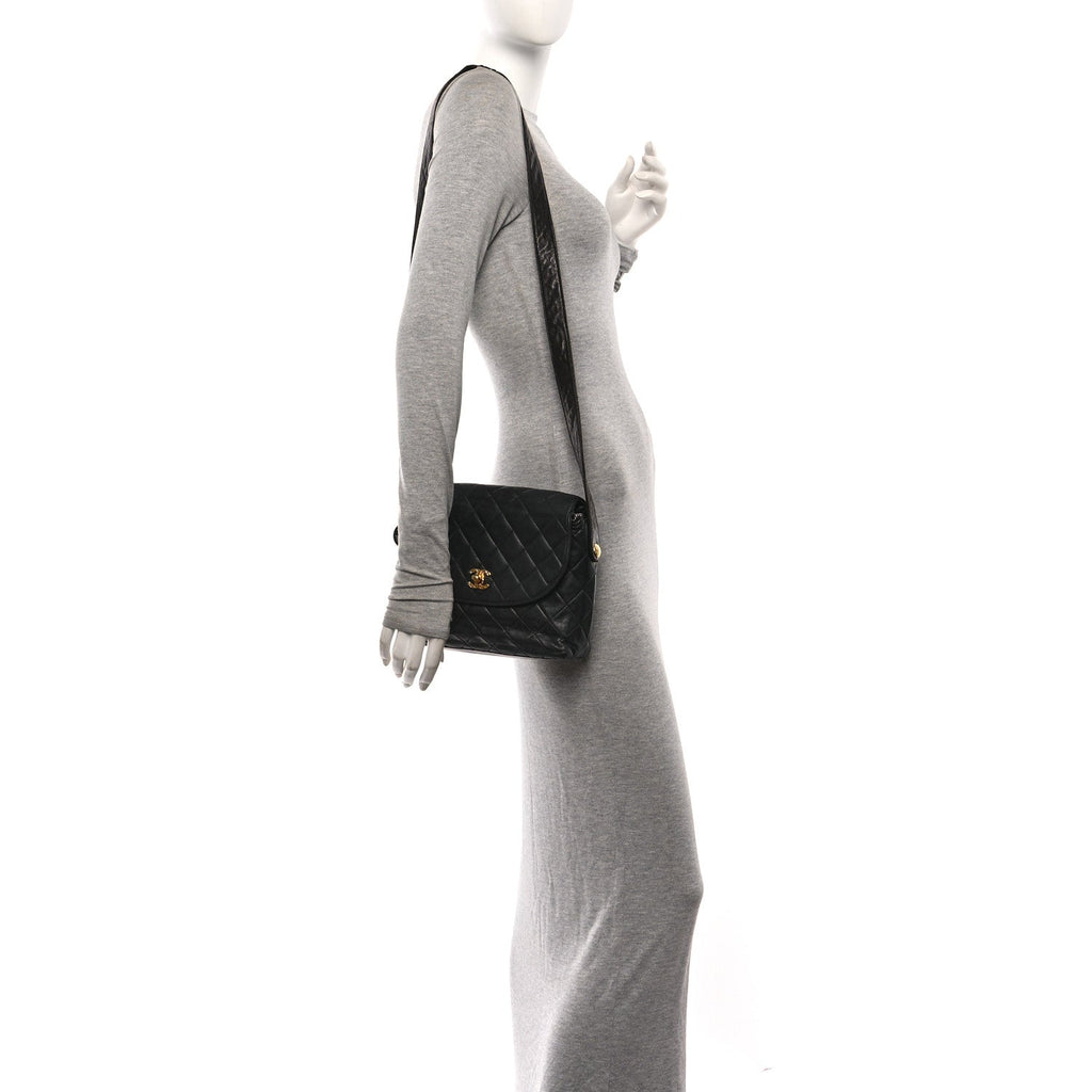 Lambskin Quilted Flap Shoulder Bag Black