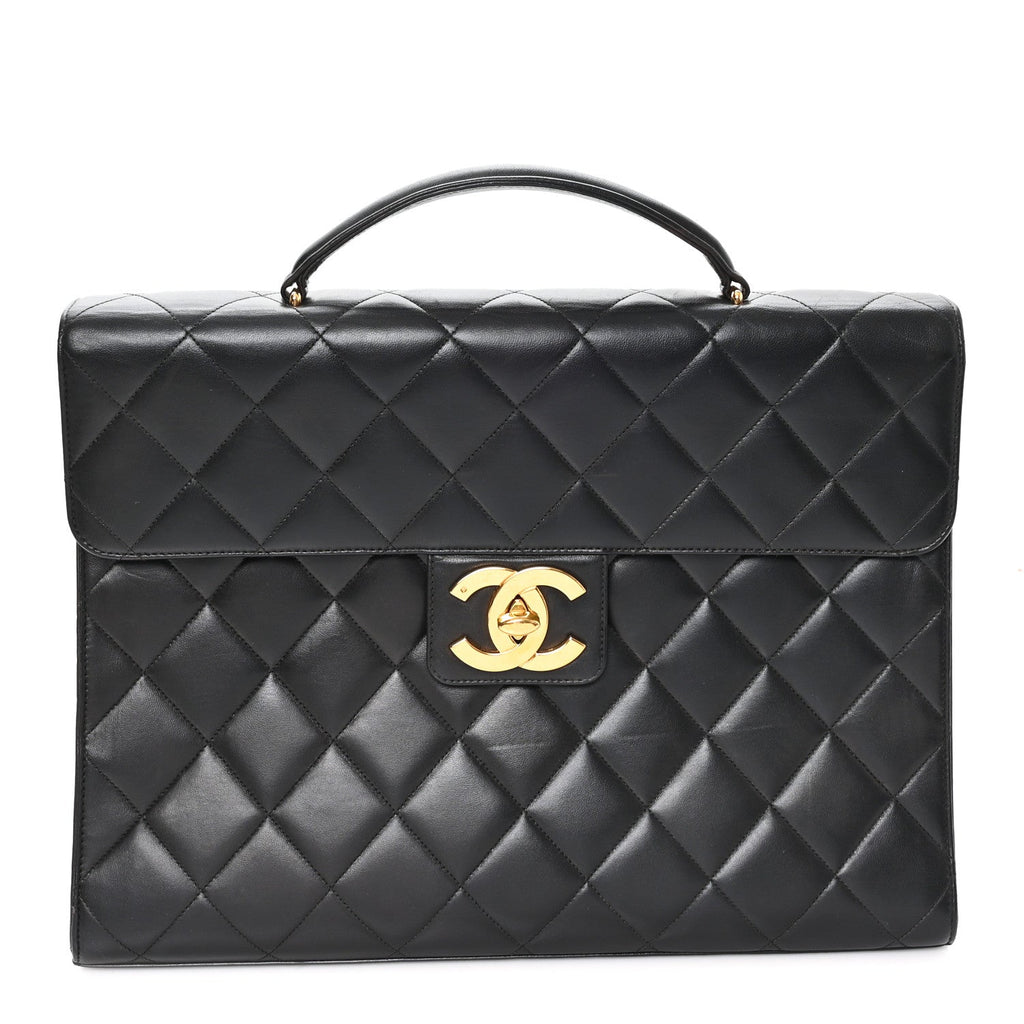 Lambskin Quilted Briefcase Laptop Bag Black