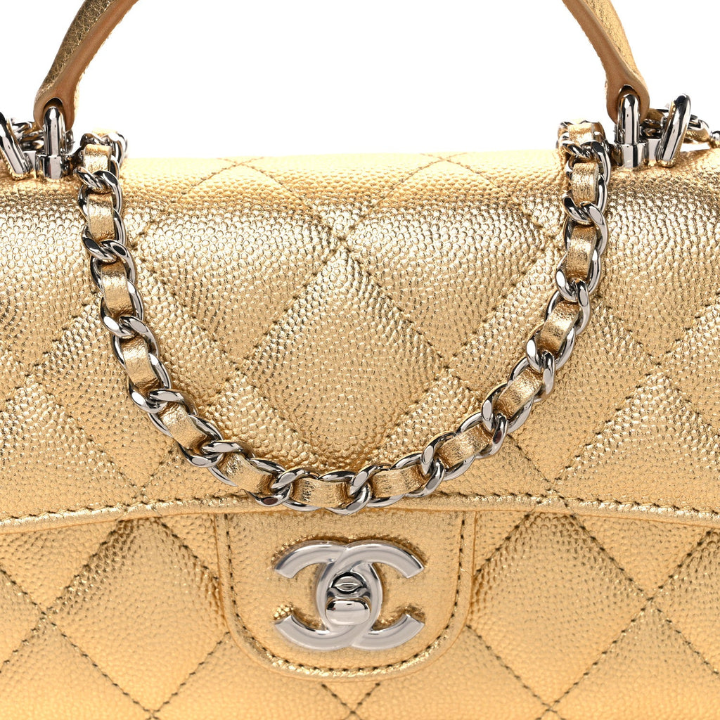 Metallic Caviar Quilted Top Handle Long Clutch With Chain Gold
