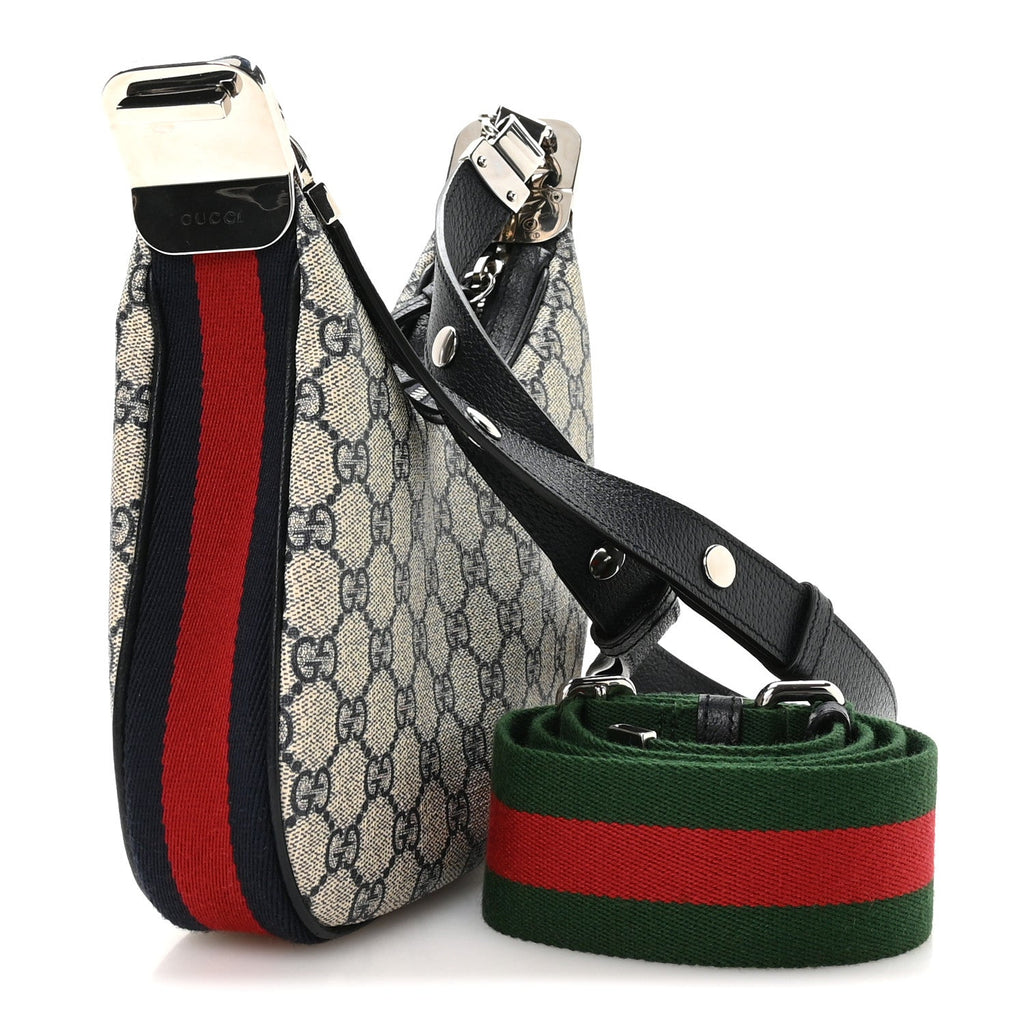 GG Supreme Monogram Textured Calfskin Web Small Attache Shoulder Bag Beige Blue