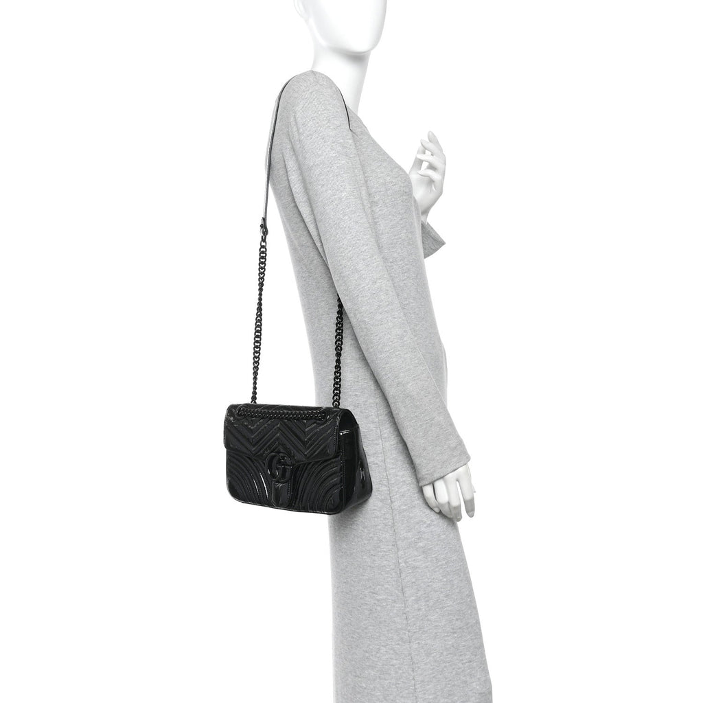 Patent Calfskin Matelasse Monochrome Small GG Marmont Shoulder Bag Black