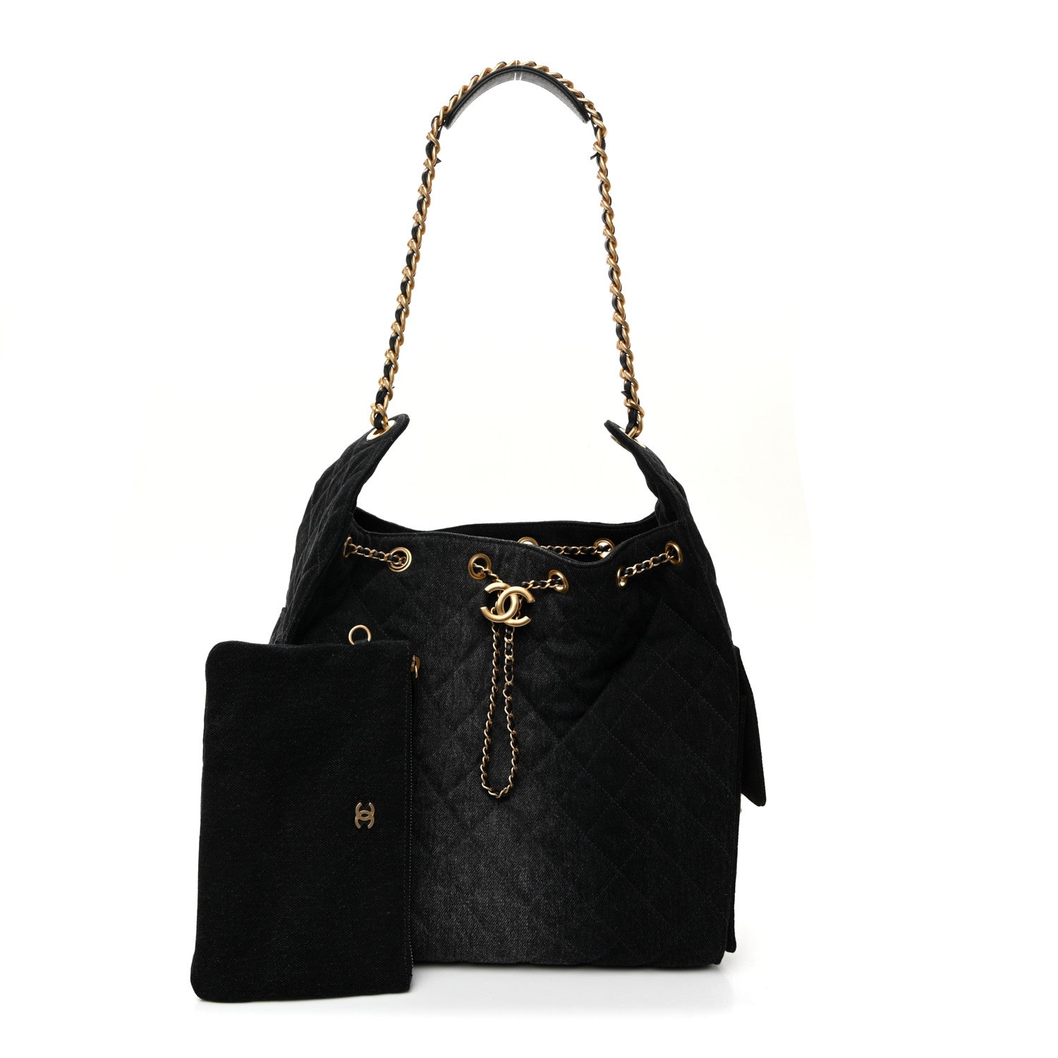 Washed Denim Quilted Medium Chanel 25 Handbag Black