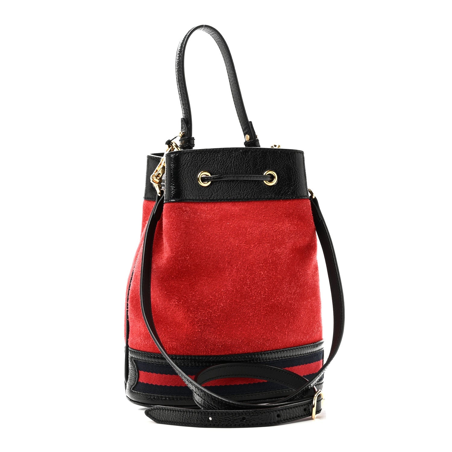 Suede Patent Web Small Ophidia Bucket Bag Hibiscus Red Black