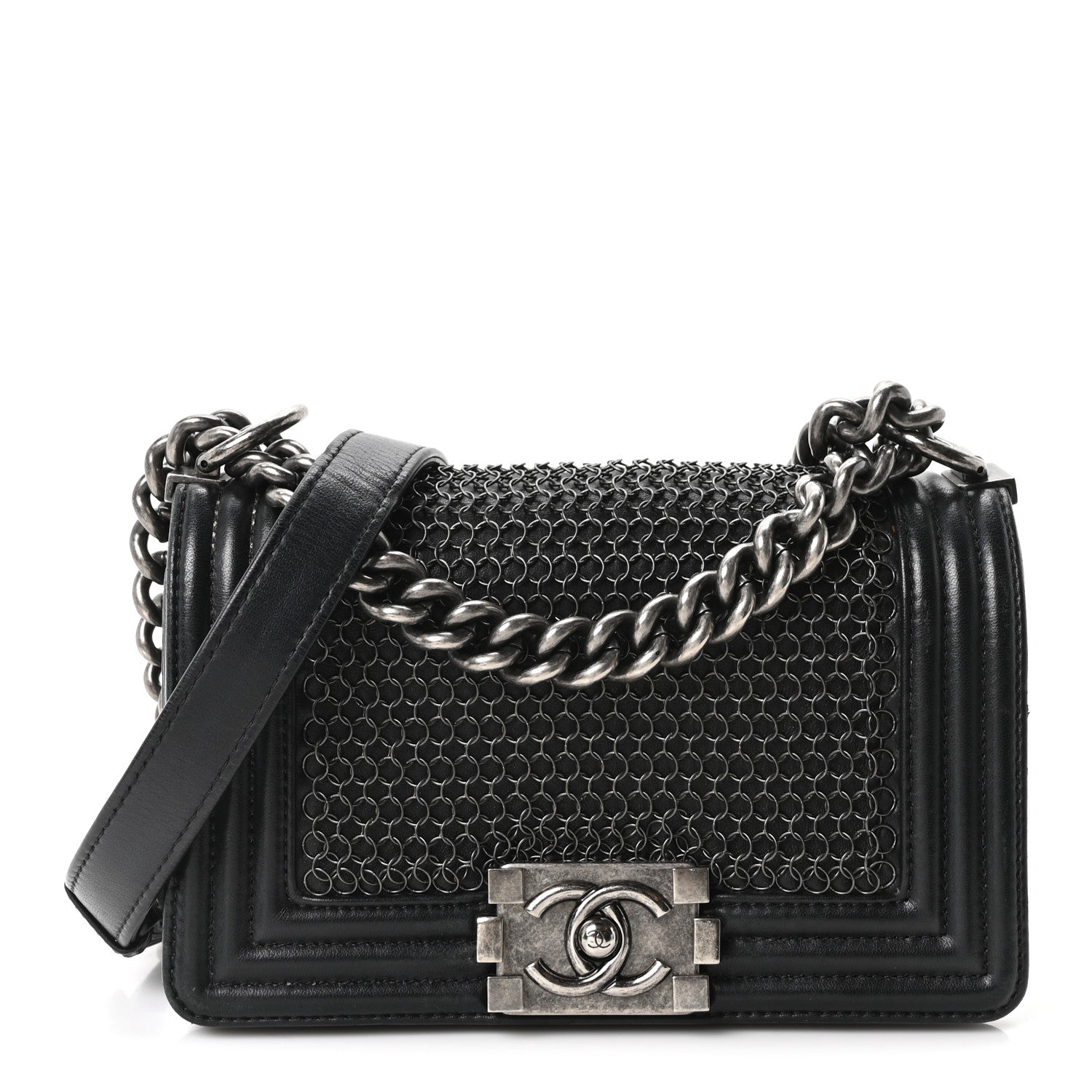 Lambskin Quilted Small Chain Mail Boy Flap Black
