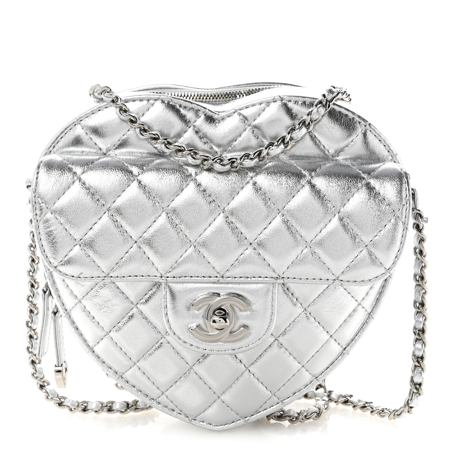 Metallic Lambskin Quilted Large CC In Love Heart Bag Silver