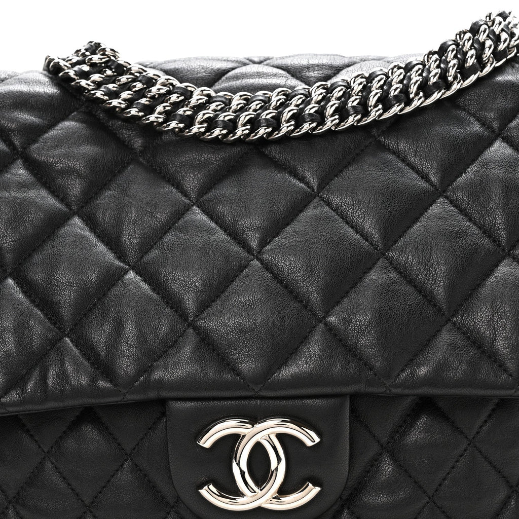 Washed Lambskin Quilted Maxi Chain Around Flap Black