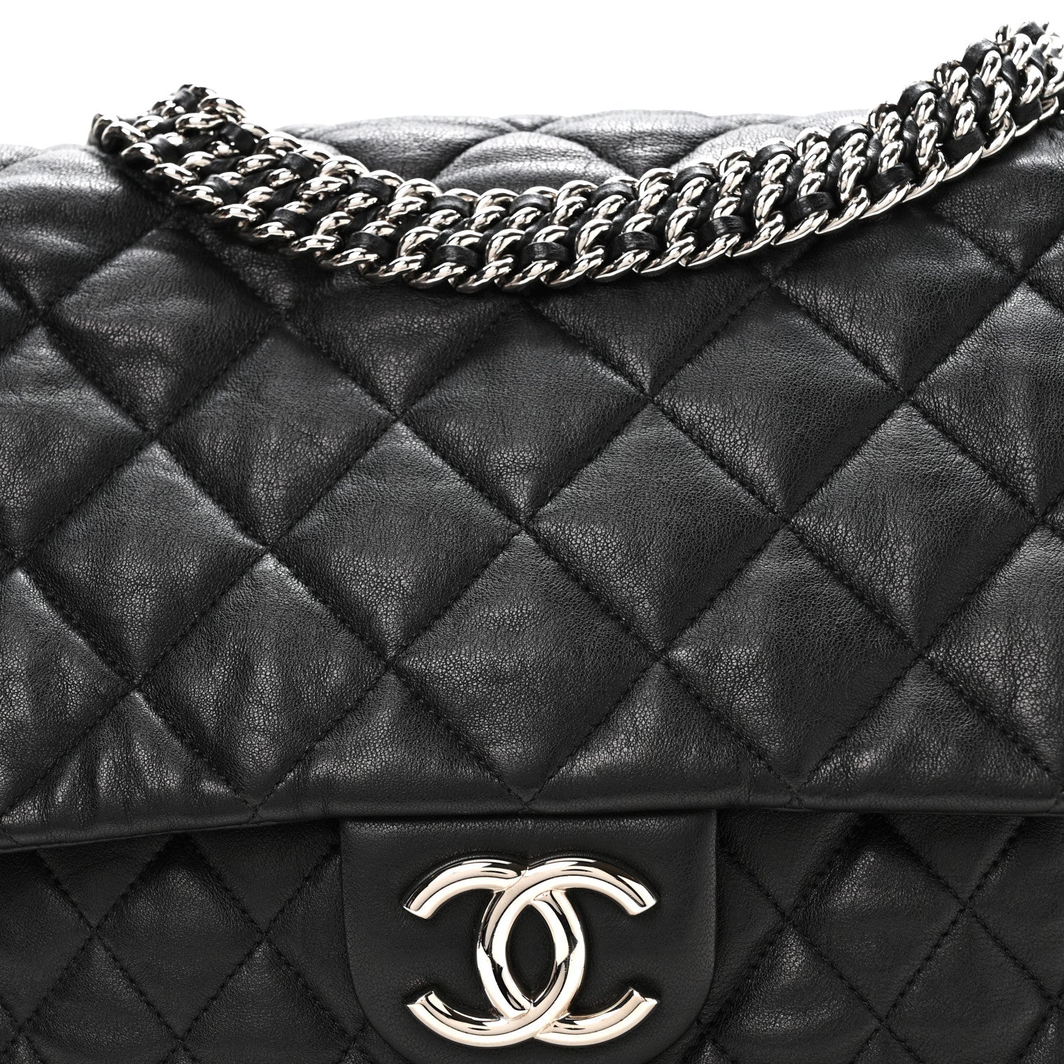 Washed Lambskin Quilted Maxi Chain Around Flap Black