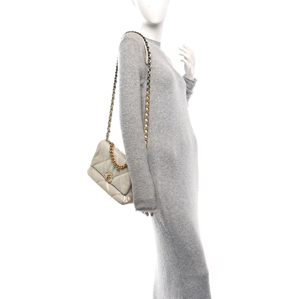 Iridescent Calfskin Quilted Medium Chanel 19 Flap White