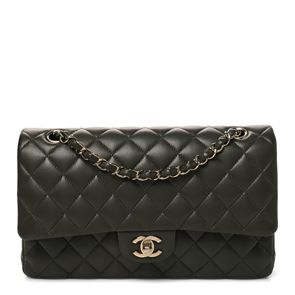 Lambskin Quilted Medium Double Flap Khaki