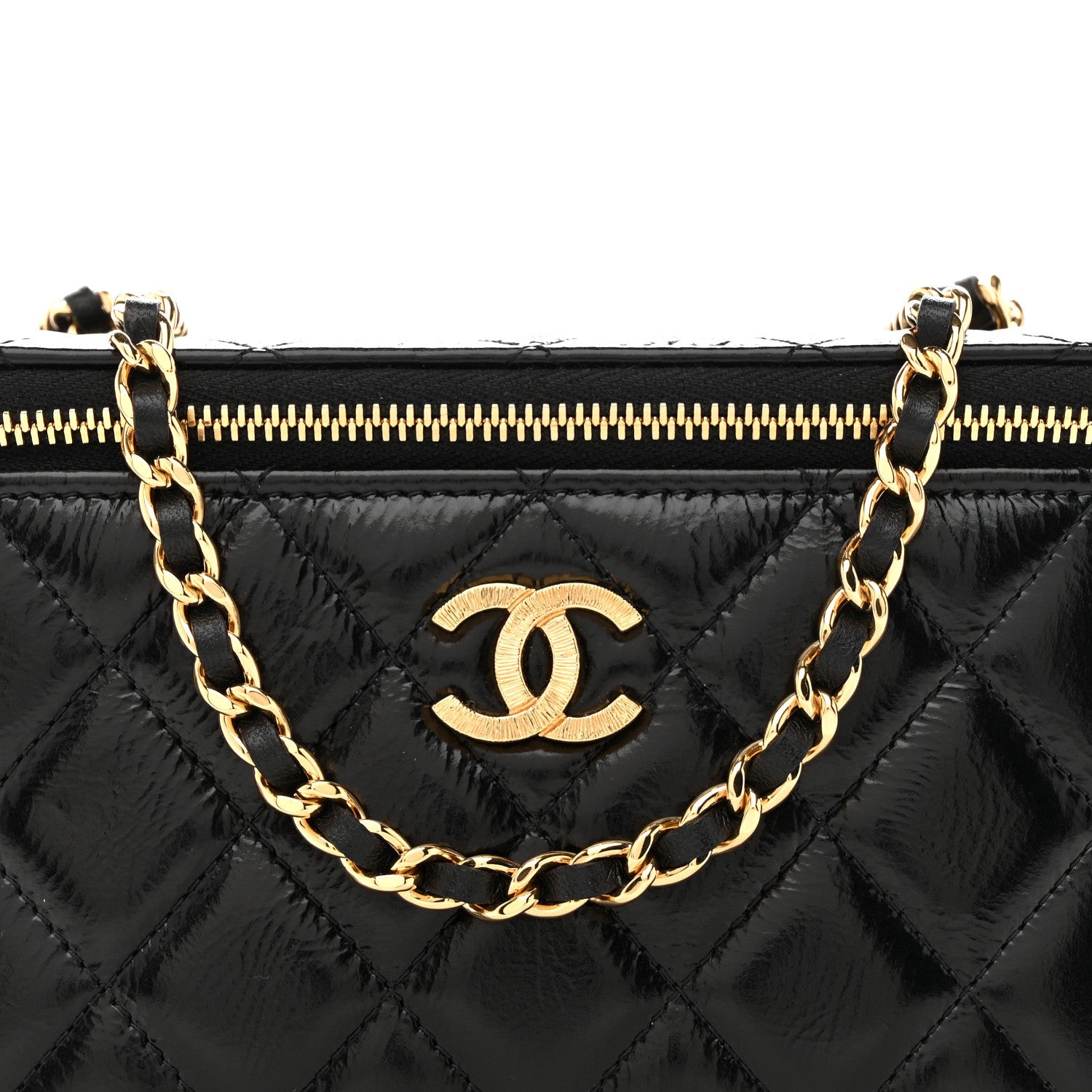 Shiny Lambskin Quilted Small Vanity Case With Chain Black