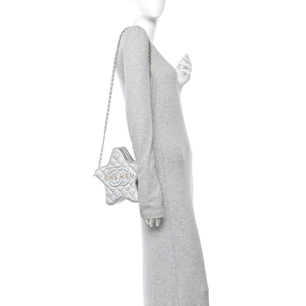 Metallic Lambskin Quilted Walk Of Fame Star Bag Silver