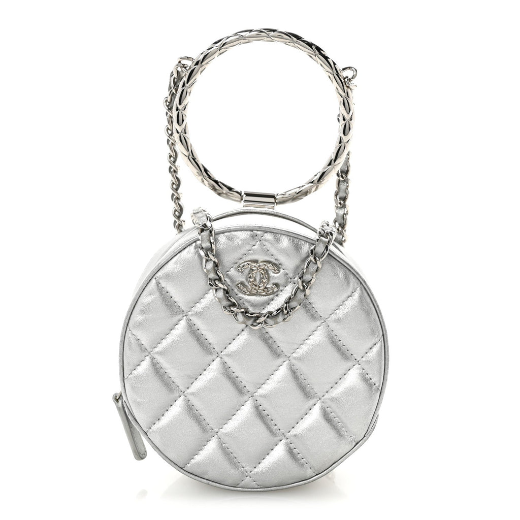 Metallic Calfskin Quilted Round Bracelet Clutch With Chain Silver