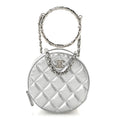 Metallic Calfskin Quilted Round Bracelet Clutch With Chain Silver