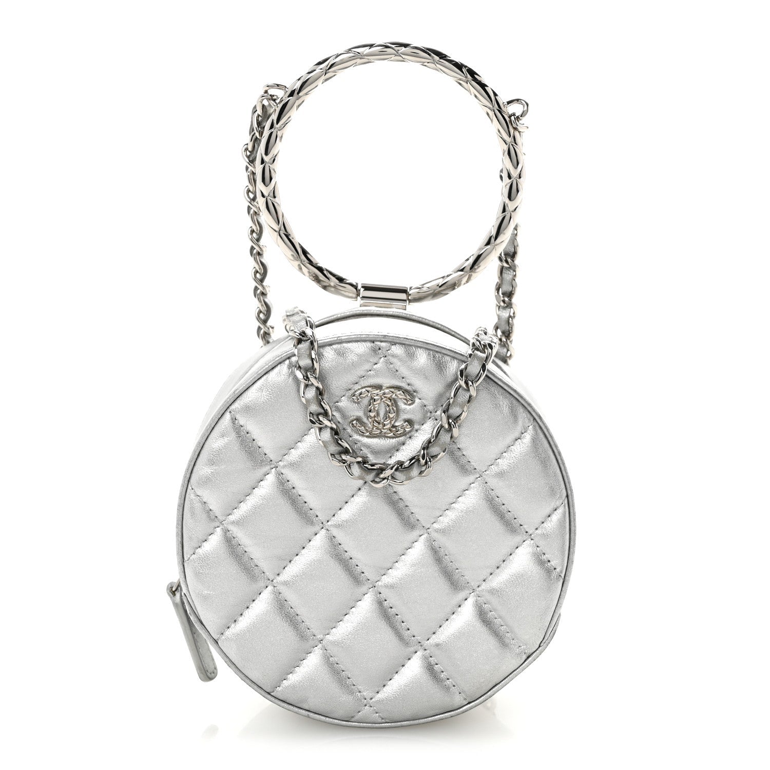 Metallic Calfskin Quilted Round Bracelet Clutch With Chain Silver