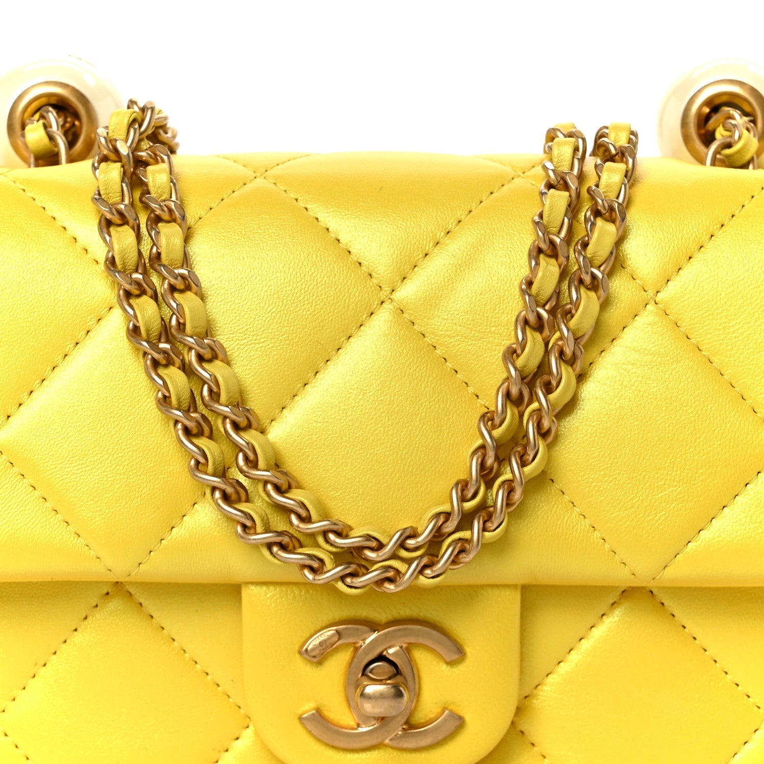 Pearly Lambskin Pearl Quilted Mini Flap Yellow Yellow