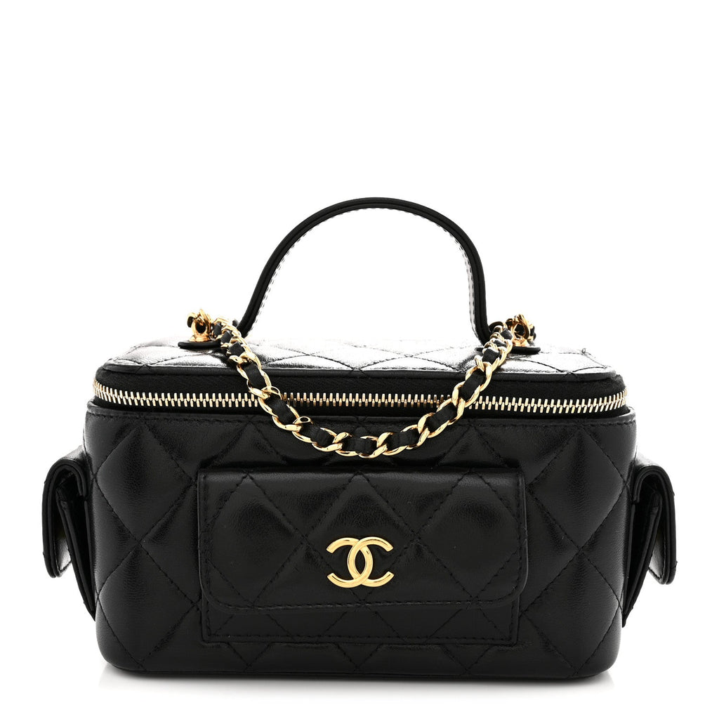 Lambskin Quilted Polly Pocket East West Top Vanity With Chain Black