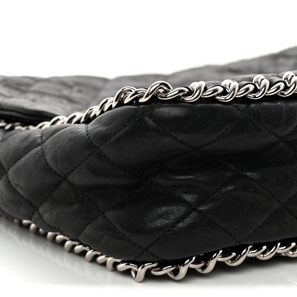 Washed Lambskin Quilted Maxi Chain Around Flap Black