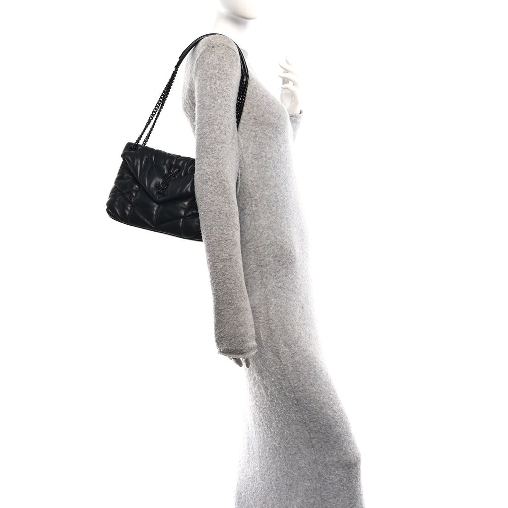 Lambskin Quilted Monogram Monochrome Small Loulou Puffer Chain Satchel Black