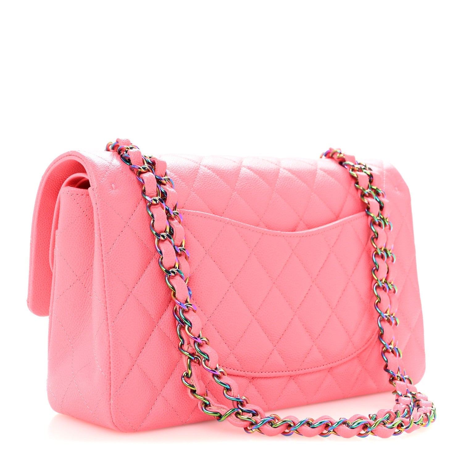 Caviar Quilted Rainbow Medium Double Flap Coral Pink