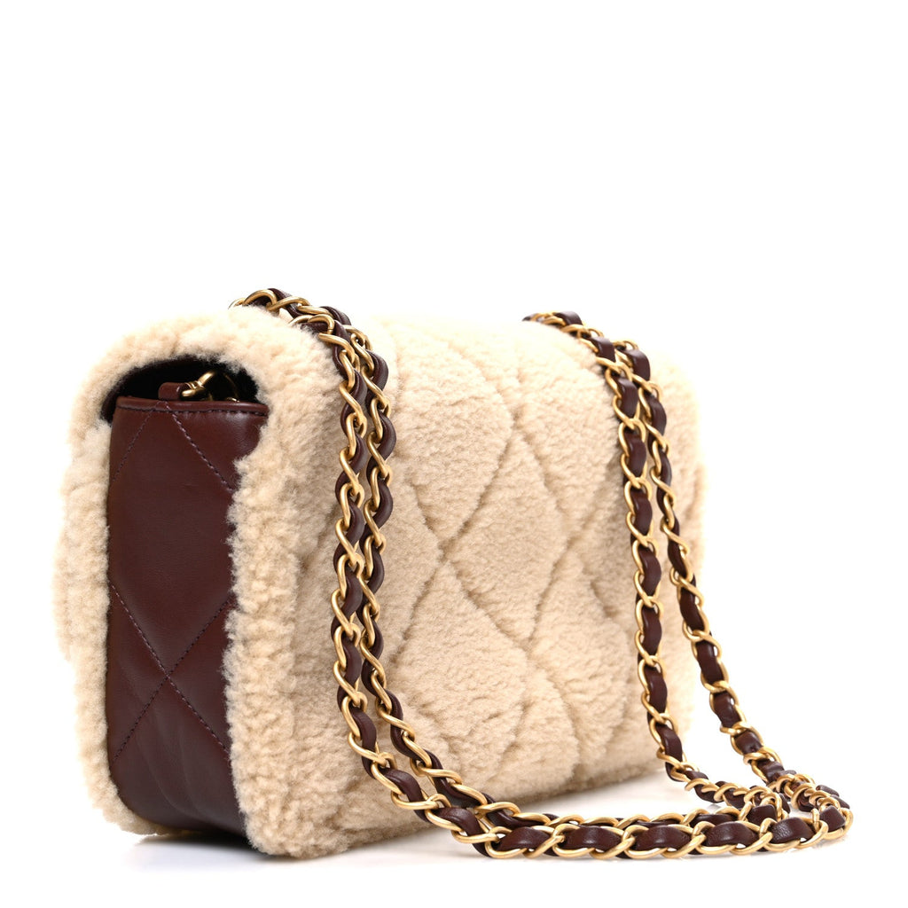 Shearling Lambskin Quilted Furry Coco Flap Beige Dark Brown