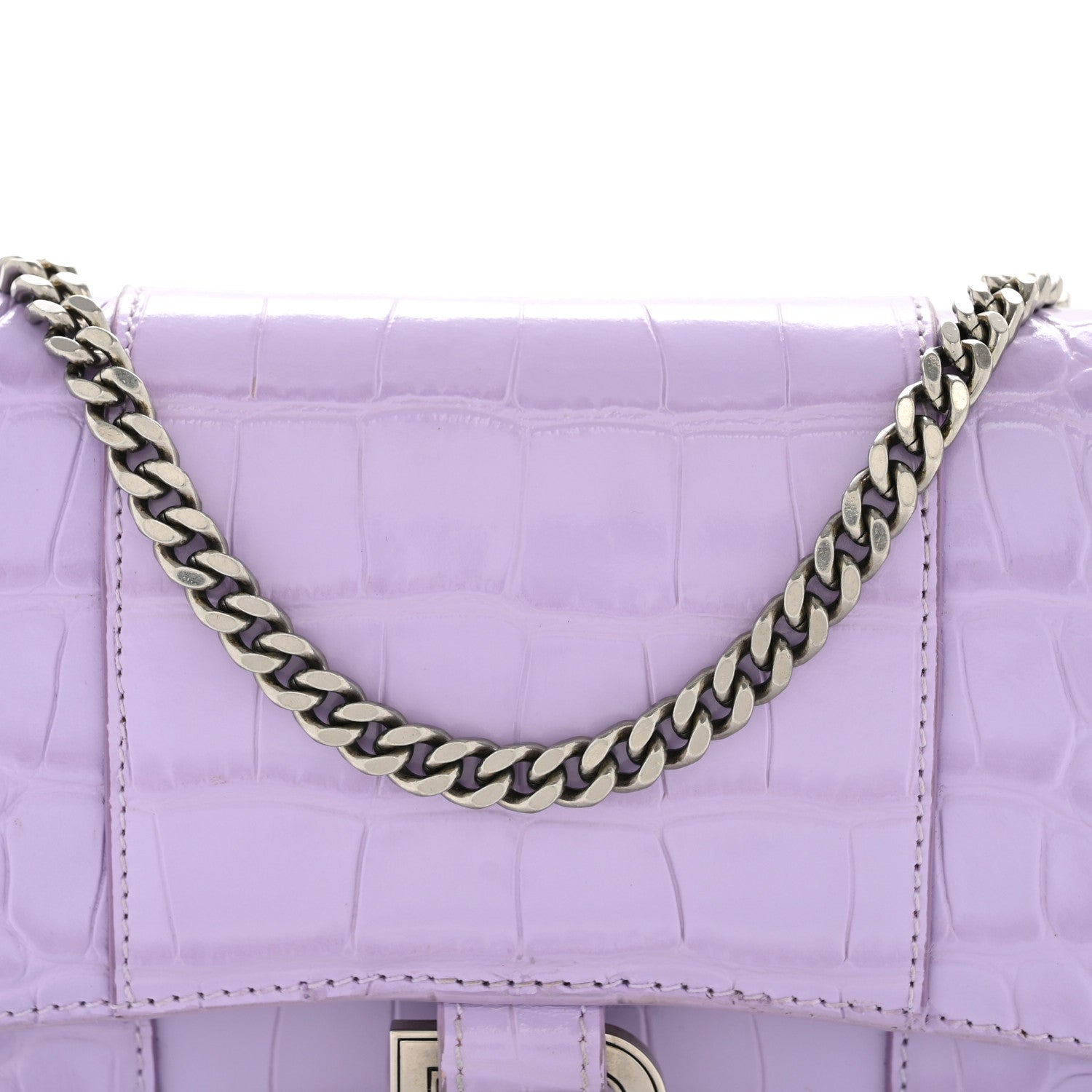 Shiny Calfskin Crocodile Embossed Hourglass Chain Bag Lilac