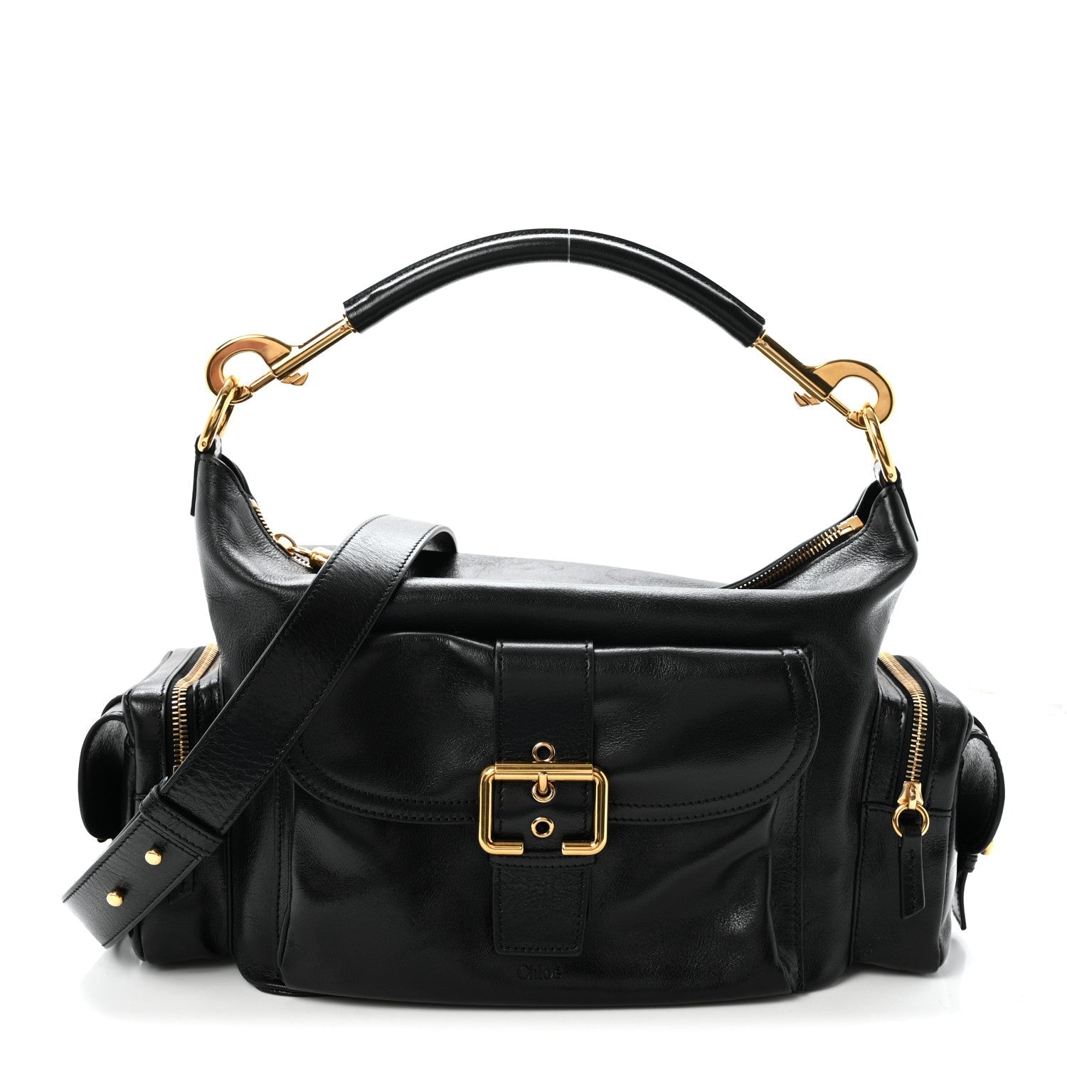 Shiny Calfskin Medium Double Carry Camera Bag Black