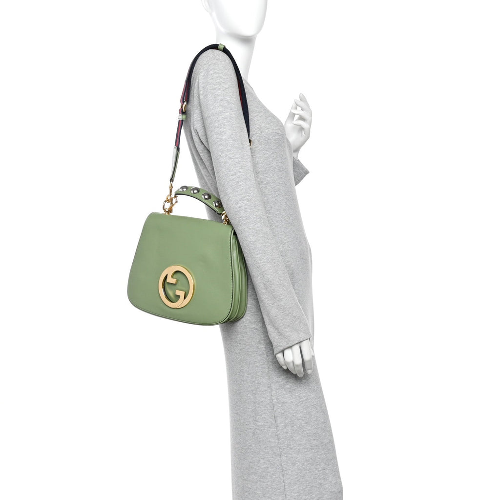 Roxy Calfskin Web Medium Blondie Top Handle Shoulder Flap Bag Salamander Green