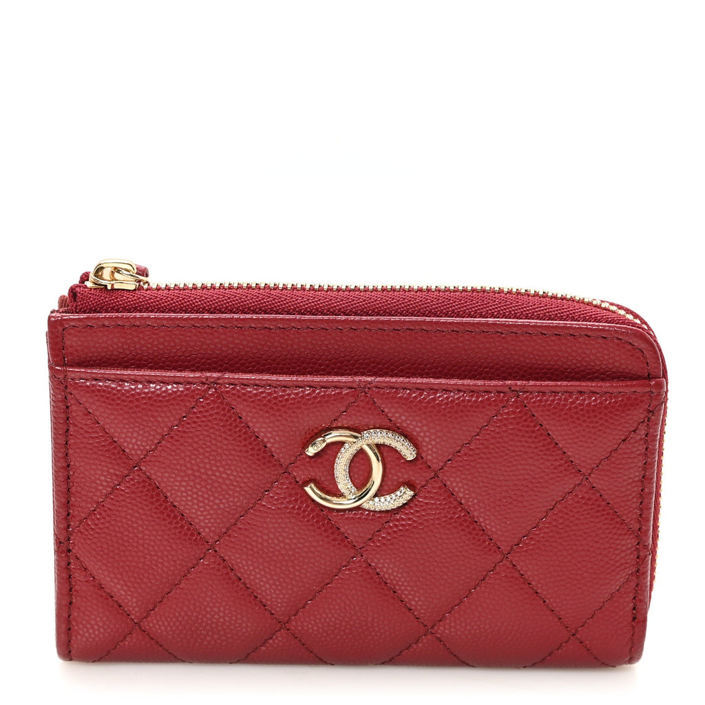 Caviar Quilted Crystal CC Zip Around Card Holder Red