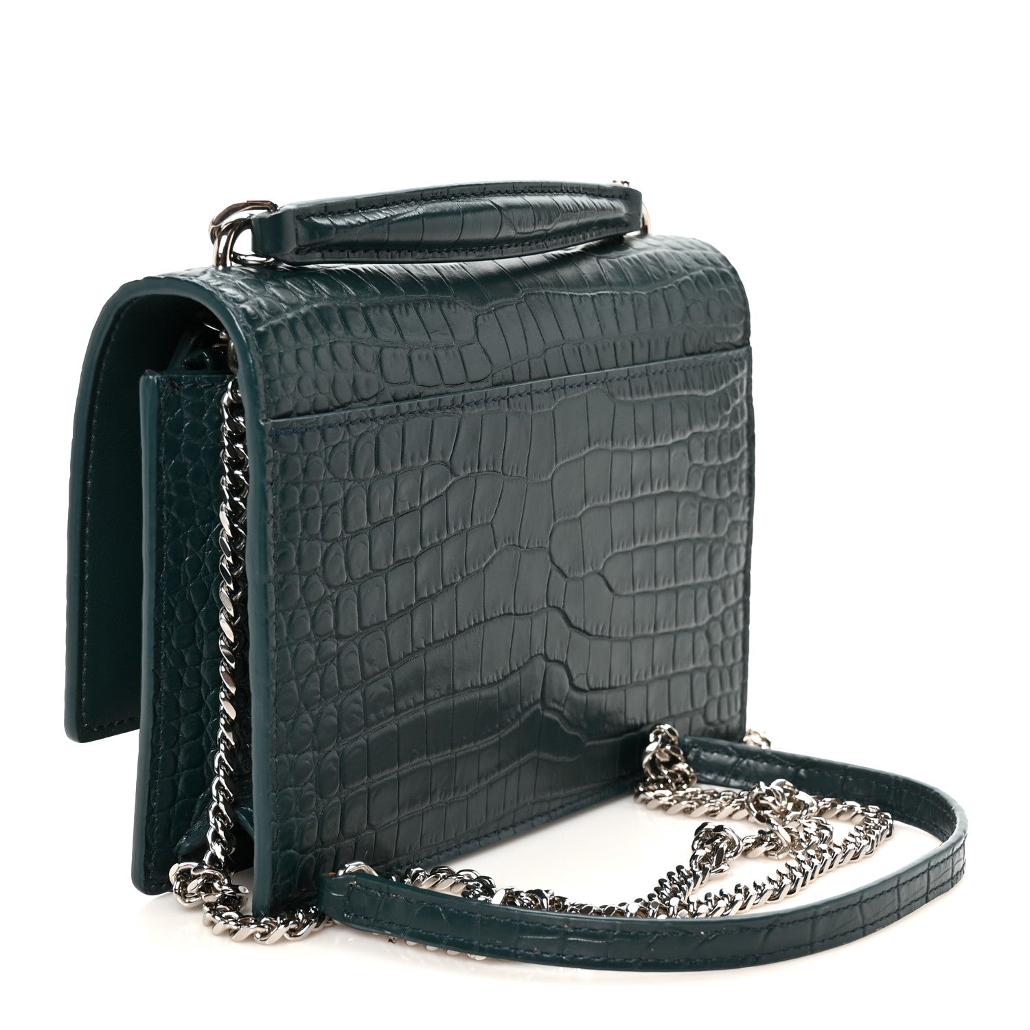Calfskin Crocodile Embossed Monogram Sunset Chain Wallet Dark Turquoise