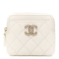 Caviar Quilted Crystal Zip Card Holder Wallet White