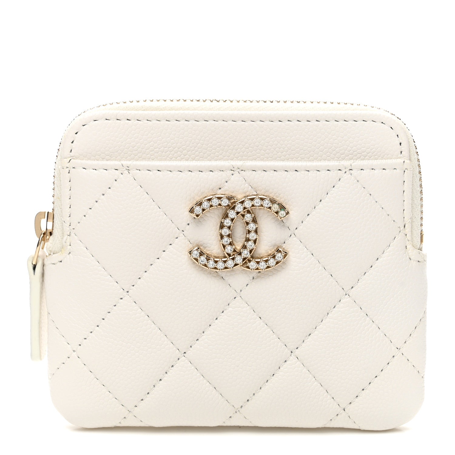 Caviar Quilted Crystal Zip Card Holder Wallet White