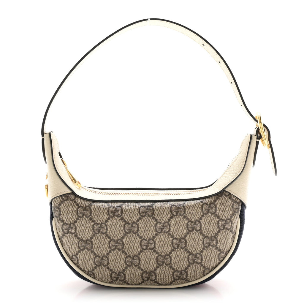 GG Supreme Monogram Textured Dollar Calfskin Web Mini Ophidia Half Moon Hobo Beige Ebony Mystic White