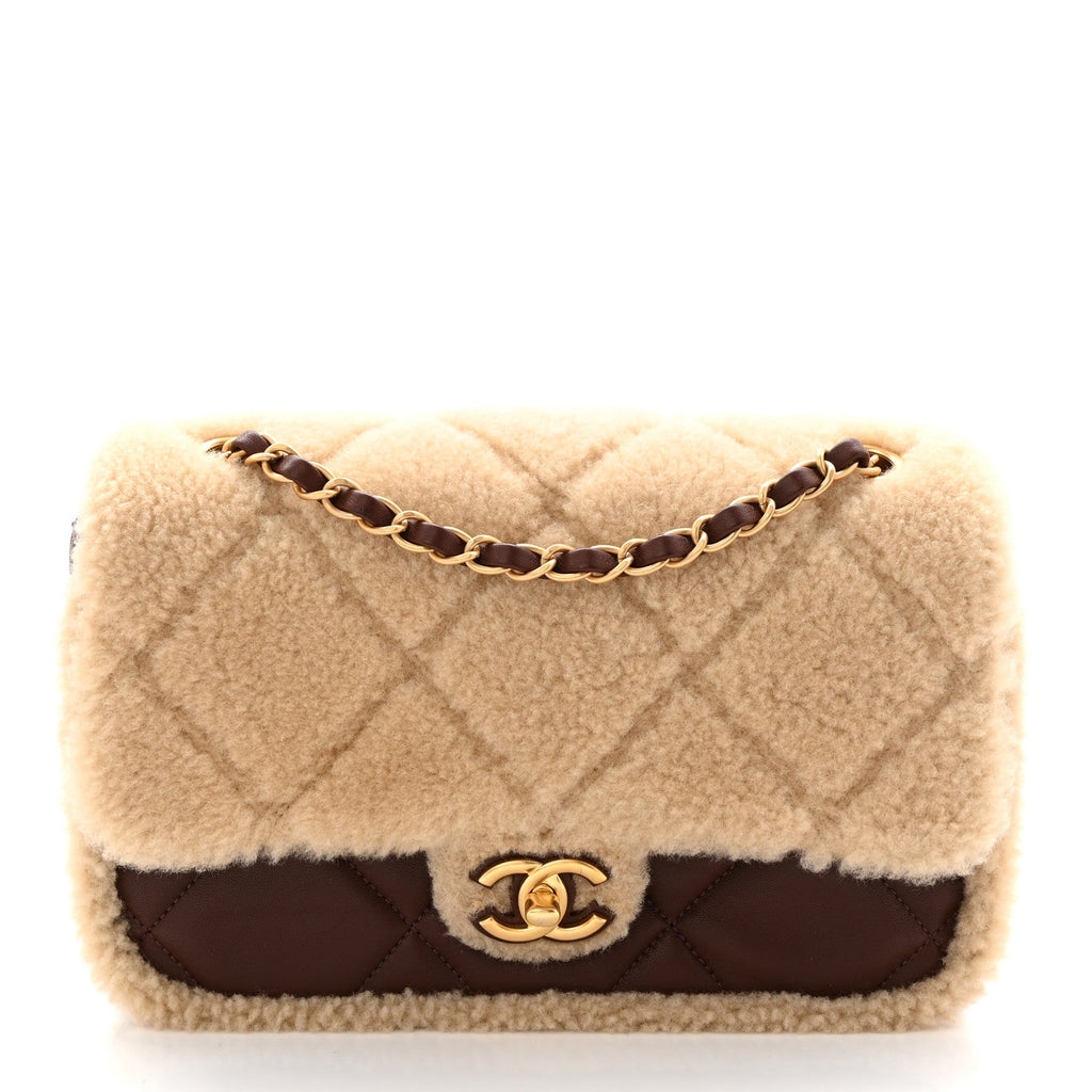 Shearling Lambskin Quilted Furry Coco Flap Beige Dark Brown