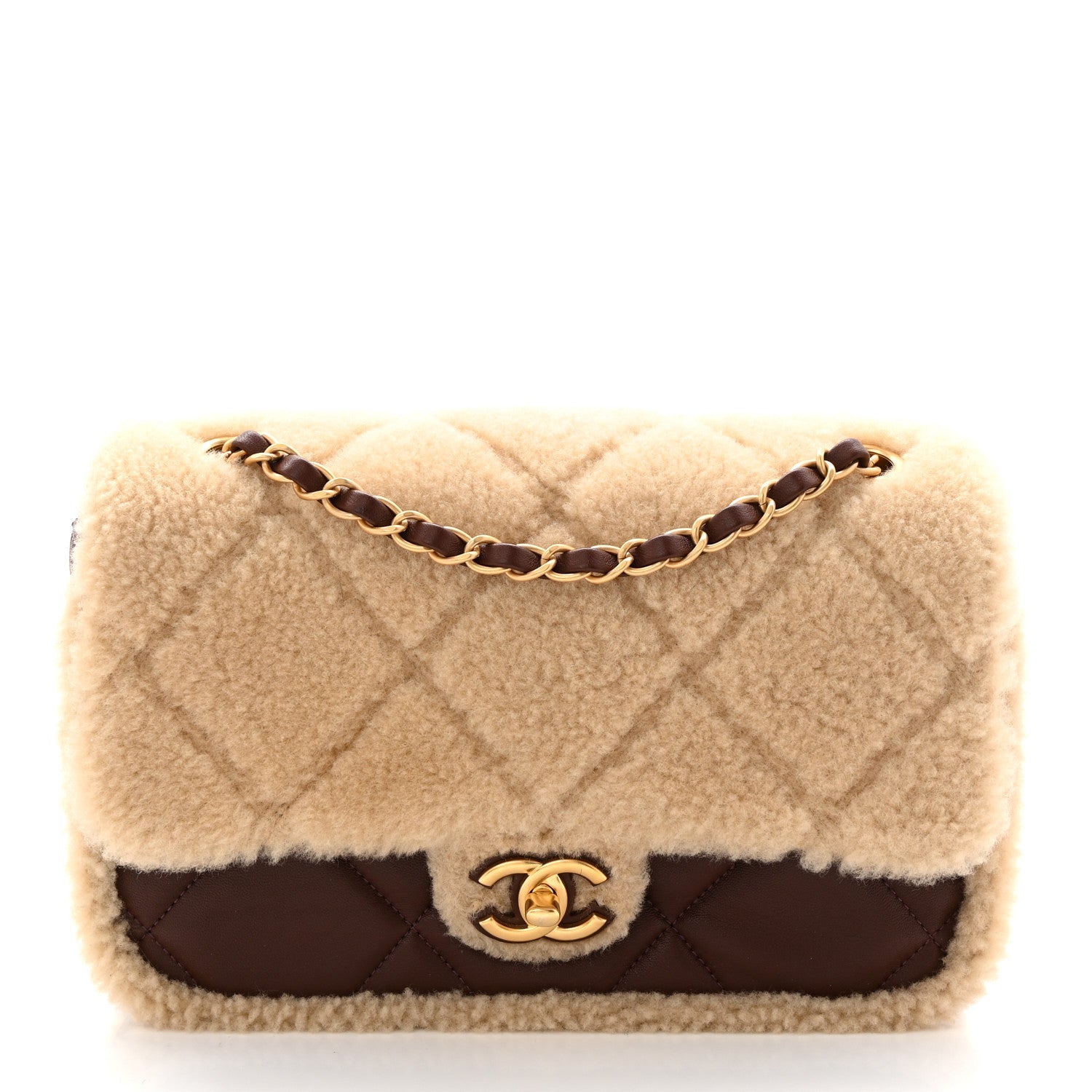 Shearling Lambskin Quilted Furry Coco Flap Beige Dark Brown