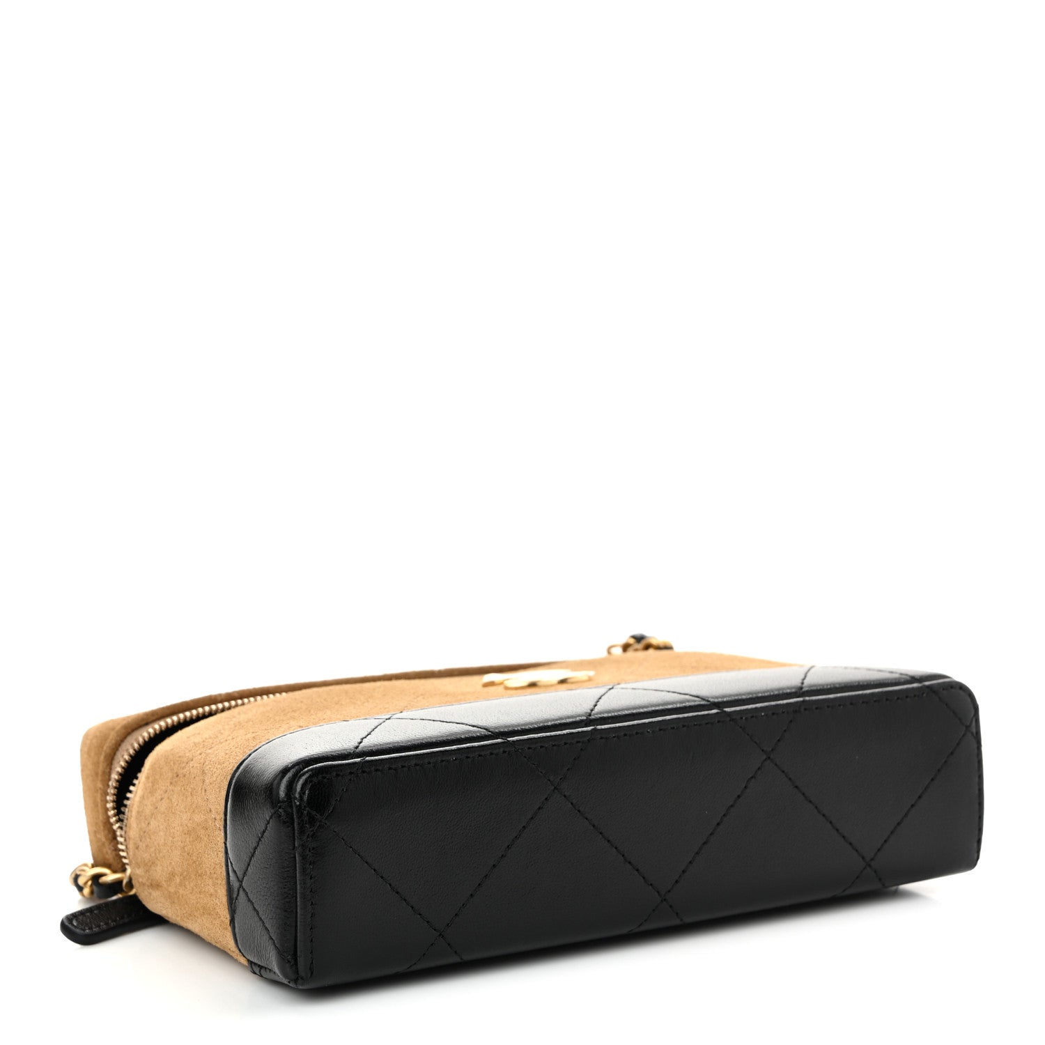 Suede Calfskin Shiny Lambskin Quilted Top Handle Slim Vanity Case With Chain Beige Black